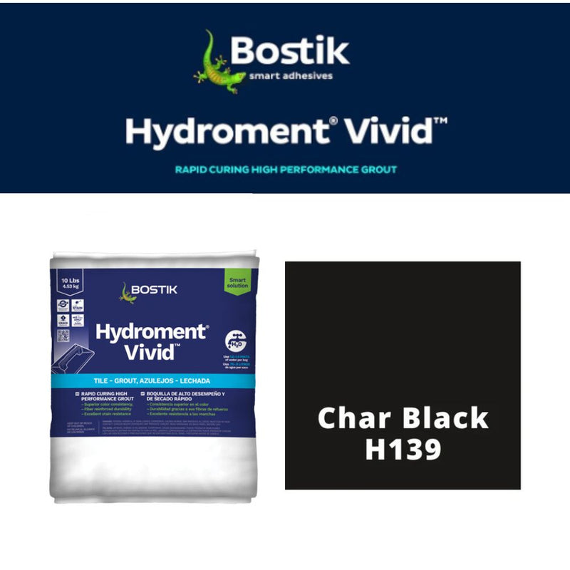 Bostik Hydroment Vivid grout packaging with Char Black color swatch on a white background