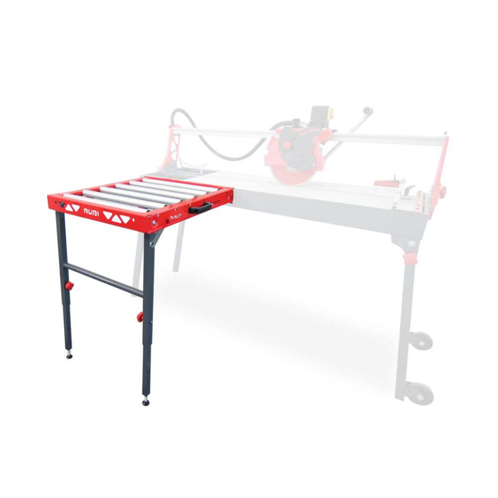 The Rubi Side Roller Extension Table attached to a DV tile saw, showcasing its seamless integration