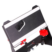 Mechanical device with red knobs and a white background