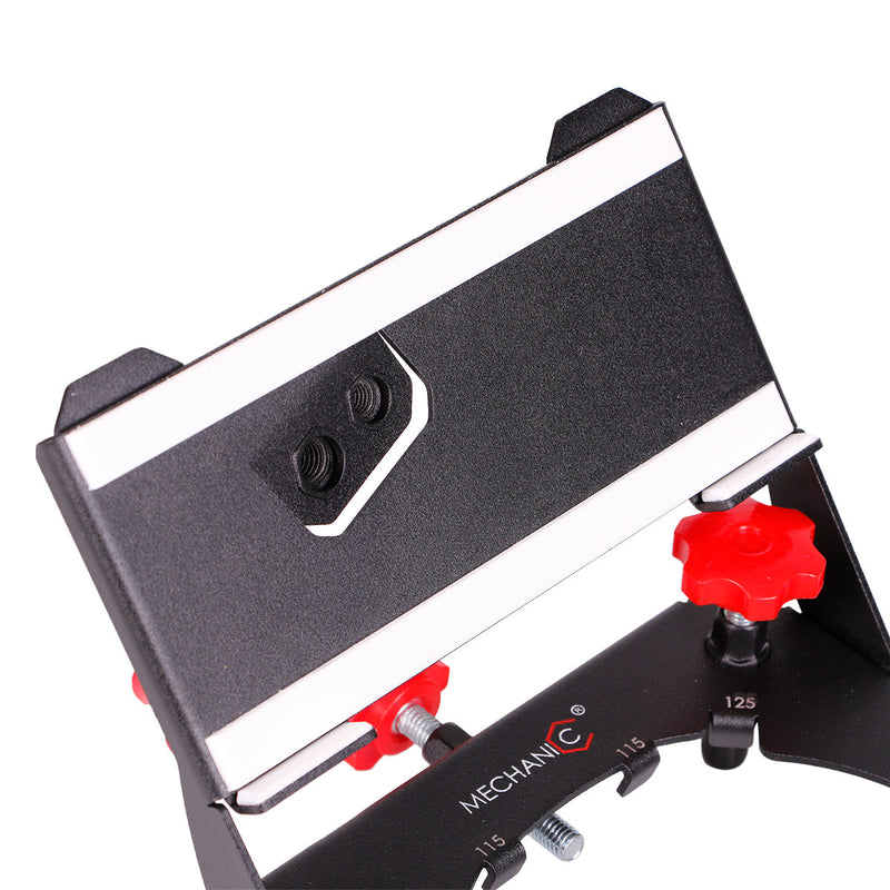 Mechanical device with red knobs and a white background