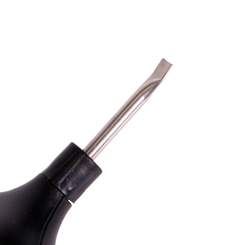 Black kitchen tool with a metallic blade on a white background