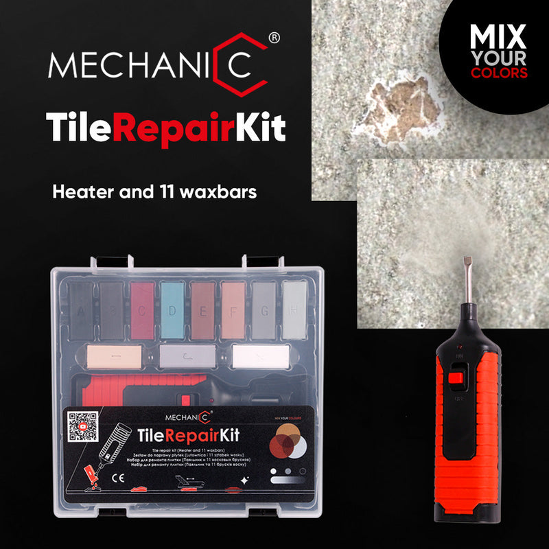 Mechanic Tile Repair Kit with heater and waxbars on a black background