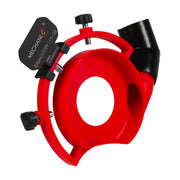 Red and black mechanical edge duster tool on a white background