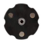 Black metal wheel hub cap with four lug nuts on a white background