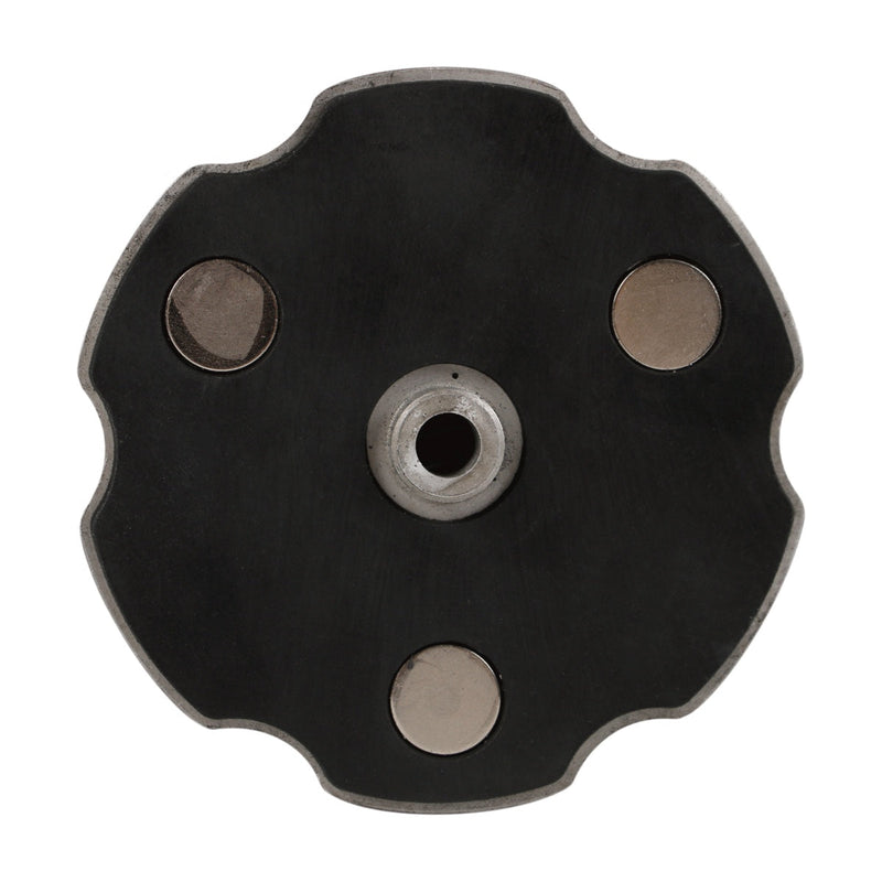Black metal wheel hub cap with four lug nuts on a white background