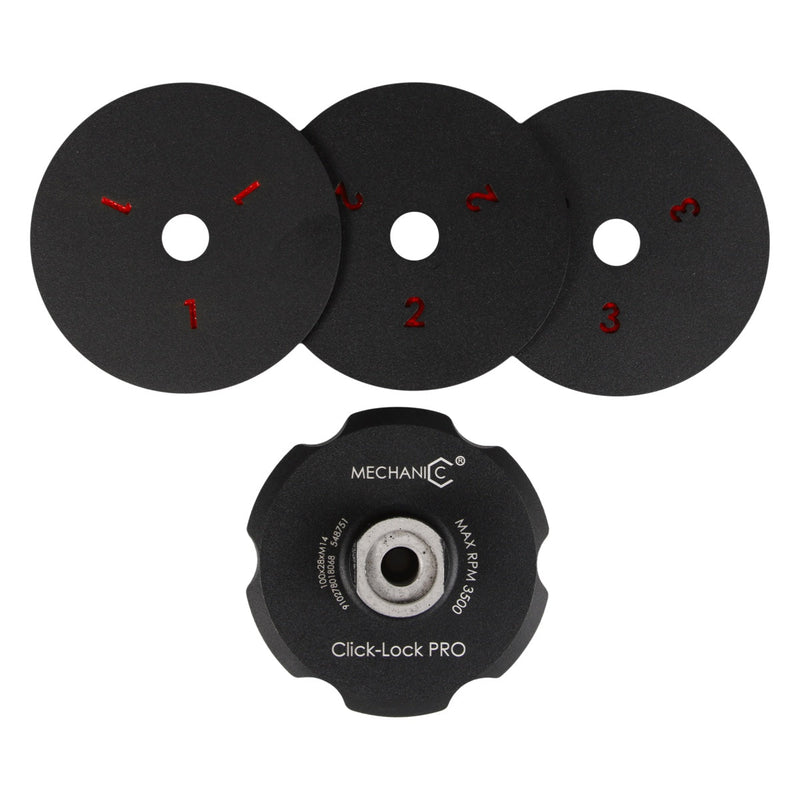 Three black pulley wheels with numbers and a MECHANIC Click-Lock PRO pulley on a white background.