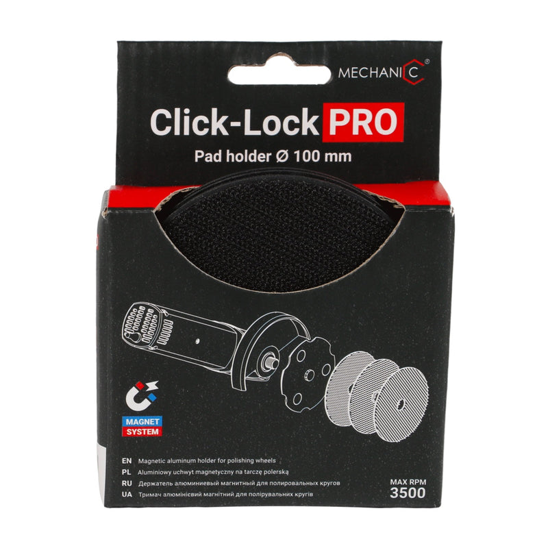 Mechanic Click-Lock Pro pad holder packaging with black pad and branding details.
