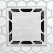 Brushed metal square drain grate with inset rectangular slots around the edges