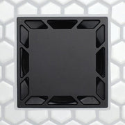 Matte black square drain grate with beveled border and corner slot openings