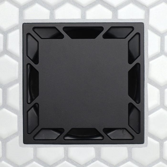 Matte black square drain grate with beveled border and corner slot openings