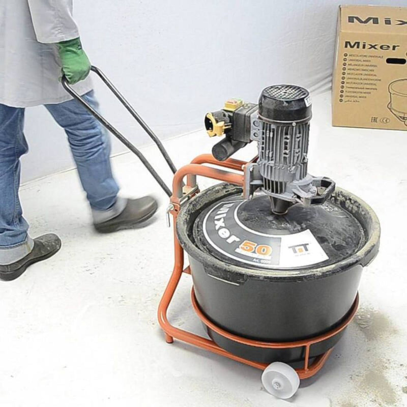Universal mixer on wheels, black tub with orange frame and handle