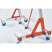 Tile transport cart showing front base, angled red supports, and caster feet