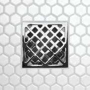 Drain grate with Chainlink pattern metal frame and square opening tiles, polished chrome finish