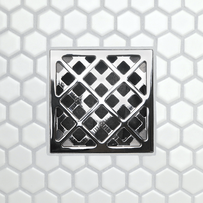 Drain grate with Chainlink pattern metal frame and square opening tiles, polished chrome finish