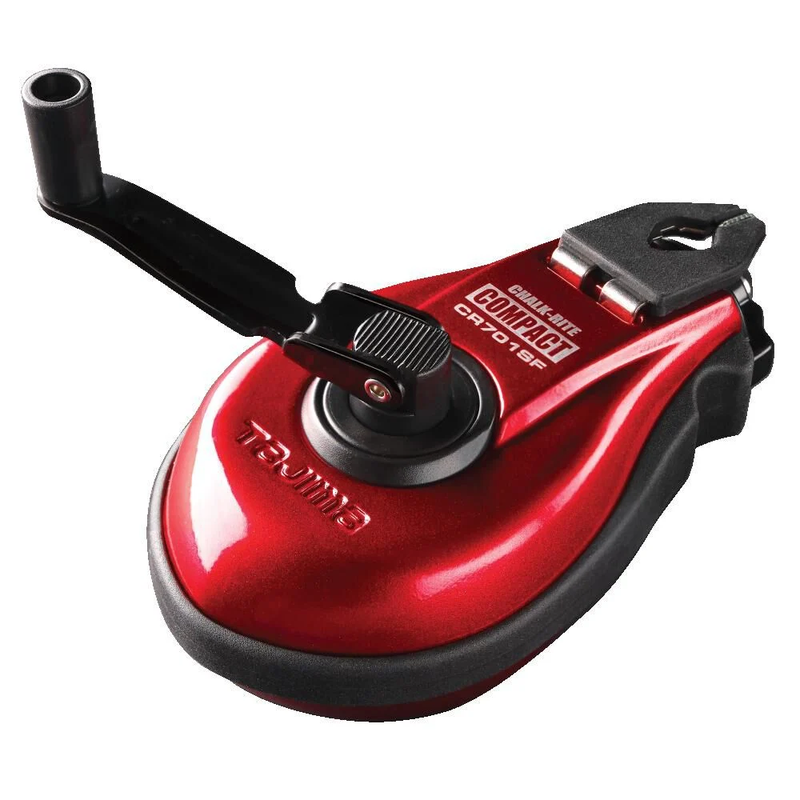 Die-cast aluminum chalk line reel with collapsible metal handle