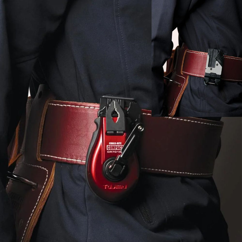Chalk line on belt and CLIP-n-HOLD belt clip shown without chalk line reel