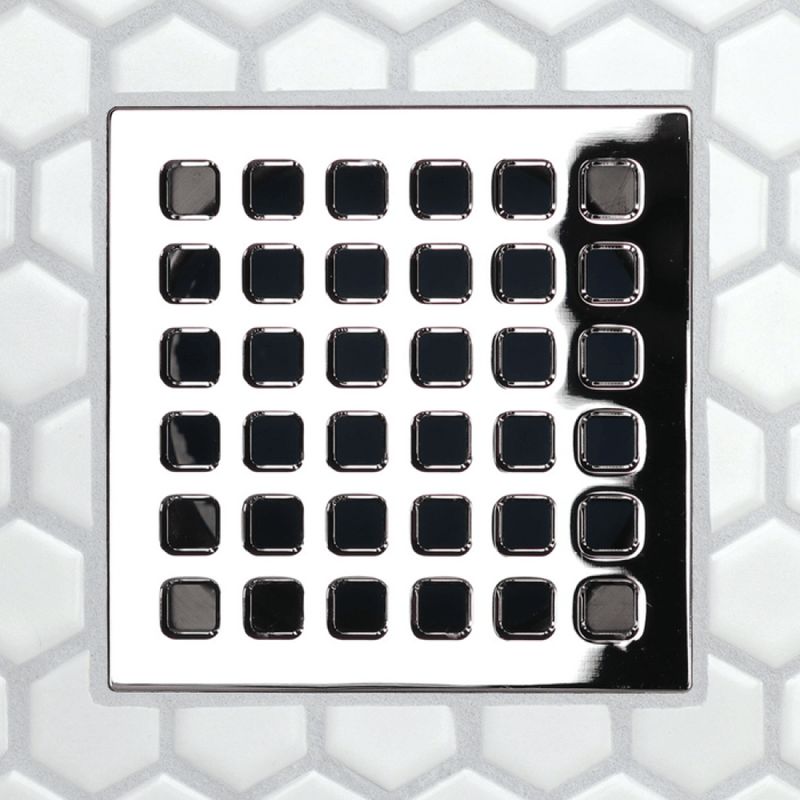 Square drain grate with shiny black face and grid of square-edged openings