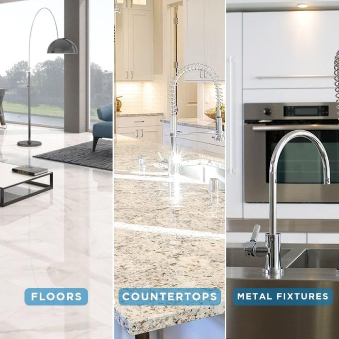 Crystal Clean leaving streak-free shine on stone floor, countertop, and metal fixtures