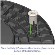 Illustration showing height posts being placed over mounting holes on a bond flange.