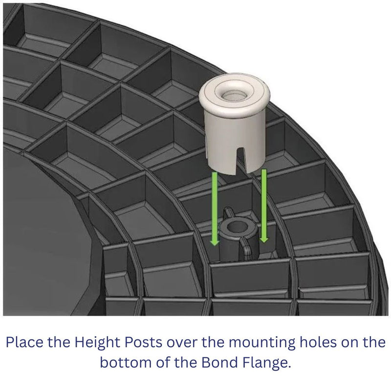 Illustration showing height posts being placed over mounting holes on a bond flange.