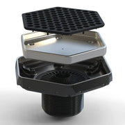 Tile-in hex drain with polished chrome rim, black grate, and threaded connection