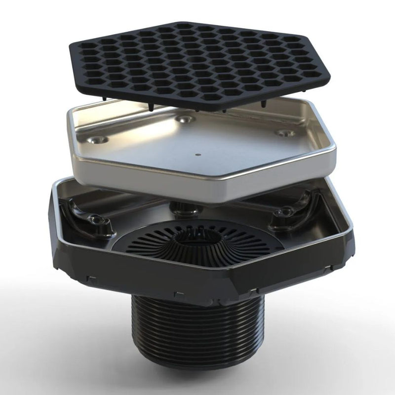 Tile-in hex drain with polished chrome rim, black grate, and threaded connection