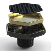 Tile-in hex drain with champagne gold rim and matte black hex-pattern grating