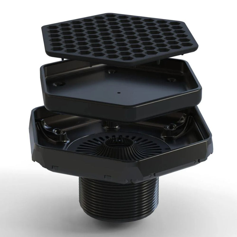 Ebbe Tile-In Hex Drain in matte black with hex grating and side water outlet