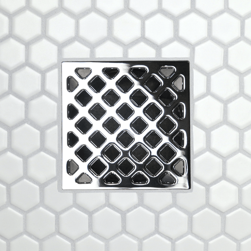 Drain grate with diamond-grid pattern, metal frame with rectangular channel slots, polished chrome finish