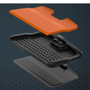 Exploded view of FENTO BOARD M2 ergonomic knee board—PU-foam top, anti-slip PVC base, and integrated magnetic tool tray