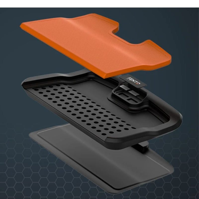 Exploded view of FENTO BOARD M2 ergonomic knee board—PU-foam top, anti-slip PVC base, and integrated magnetic tool tray