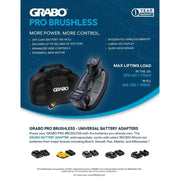 Pro brushless suction cup tool shown on product box insert with 1-year warranty badge