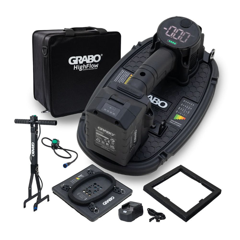 GRABO HIGH-FLOW kit with batteries, charger, plate, t-handle, and carrying case