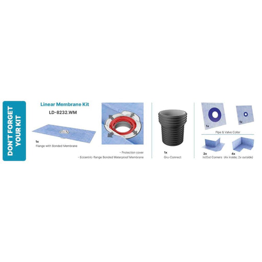 The complete Gruen Linear Drain Flange Kit, showcasing all included components for a hassle-free installation