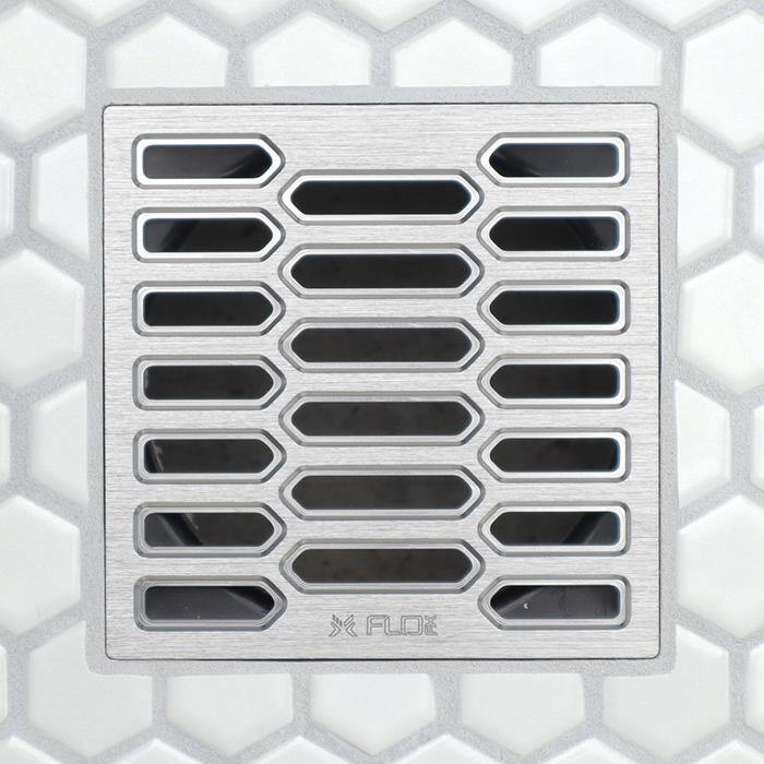 FloFX Hex3D design drain with a brushed chrome finish 