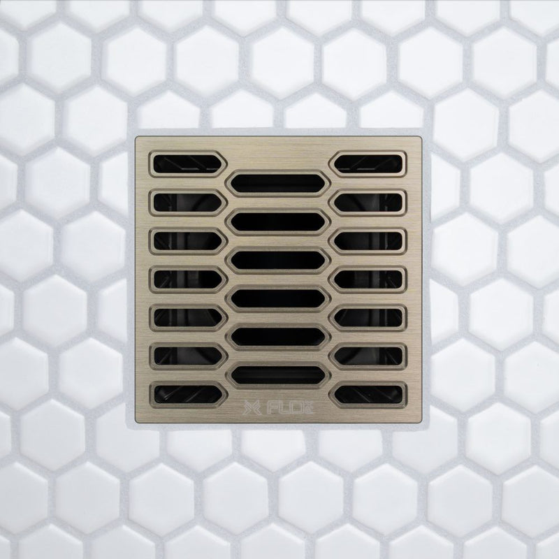 FloFX Hex3D Drain Grate in Brushed Nickel finish for compatible FloFX shower drain