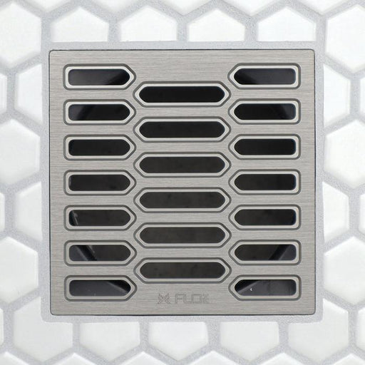 FloFX Hex3D Drain Grate in Brushed Nickel finish for compatible FloFX shower drain
