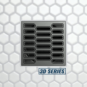 FloFX Hex 3D style drain grate with interlocking rounded-rectangle channels, graphite gray finish.