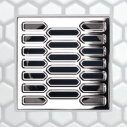 Square drain grate with chrome border and rounded-rectangular openings in two rows