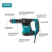 Makita HK1820 Power Scraper highlighting features: 5 AMP motor, 3,200 BPM, 2.9 ft-lbs impact energy, 12 adjustable bit positions, air cushion hammering, quick change bit retainer, automatic brush cut-off, all-ball bearing construction, rugged metal gear housing, double insulated, 550 watts continuous power output.