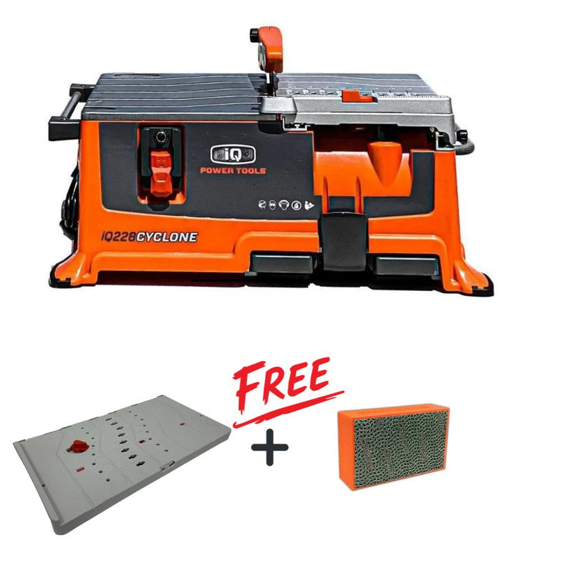 iQ228 Cyclone tile saw promo bundle with miter attachment and diamond hand pad