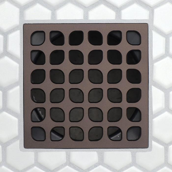 Square FloFX Modern Retro design drain grate with Satin Bronze finish and evenly spaced rounded holes