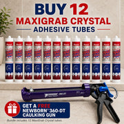 A promotional bundle image showing a set of 12 Maxigrab Crystal adhesive tubes arranged on a countertop, with a purple and black Newborn 360-DT caulking gun in front. Large text at the top reads 'BUY 12 MAXIGRAB CRYSTAL ADHESIVE TUBES,' and a red promotional badge at the bottom says 'GET A FREE NEWBORN 360-DT CAULKING GUN.