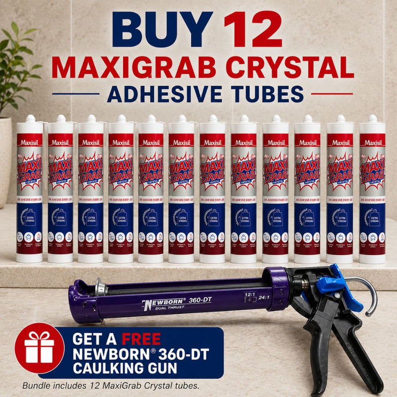 A promotional bundle image showing a set of 12 Maxigrab Crystal adhesive tubes arranged on a countertop, with a purple and black Newborn 360-DT caulking gun in front. Large text at the top reads 'BUY 12 MAXIGRAB CRYSTAL ADHESIVE TUBES,' and a red promotional badge at the bottom says 'GET A FREE NEWBORN 360-DT CAULKING GUN.