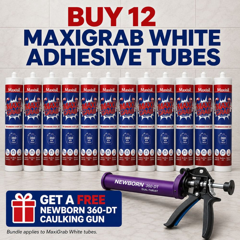 A promotional bundle graphic showing multiple Maxigrab White adhesive tubes arranged in a row, with a Newborn 360-DT caulking gun in the foreground and large text reading 'BUY 12 MAXIGRAB WHITE ADHESIVE TUBES' plus a free offer banner.
