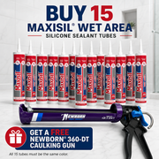 A promotional product shot showing a group of Maxisil wet area silicone sealant tubes arranged behind a caulking gun on a light tiled floor. Large text at the top reads 'BUY 15 MAXISIL WET AREA SILICONE SEALANT TUBES,' and a blue promotional banner at the bottom says 'GET A FREE NEWBORN 360-DT CAULKING GUN.