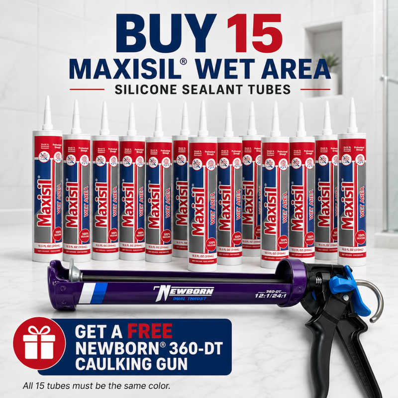 A promotional product shot showing a group of Maxisil wet area silicone sealant tubes arranged behind a caulking gun on a light tiled floor. Large text at the top reads 'BUY 15 MAXISIL WET AREA SILICONE SEALANT TUBES,' and a blue promotional banner at the bottom says 'GET A FREE NEWBORN 360-DT CAULKING GUN.