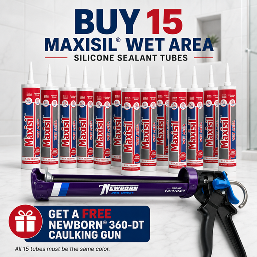 A promotional product shot showing a group of Maxisil wet area silicone sealant tubes arranged behind a caulking gun on a light tiled floor. Large text at the top reads 'BUY 15 MAXISIL WET AREA SILICONE SEALANT TUBES,' and a blue promotional banner at the bottom says 'GET A FREE NEWBORN 360-DT CAULKING GUN.