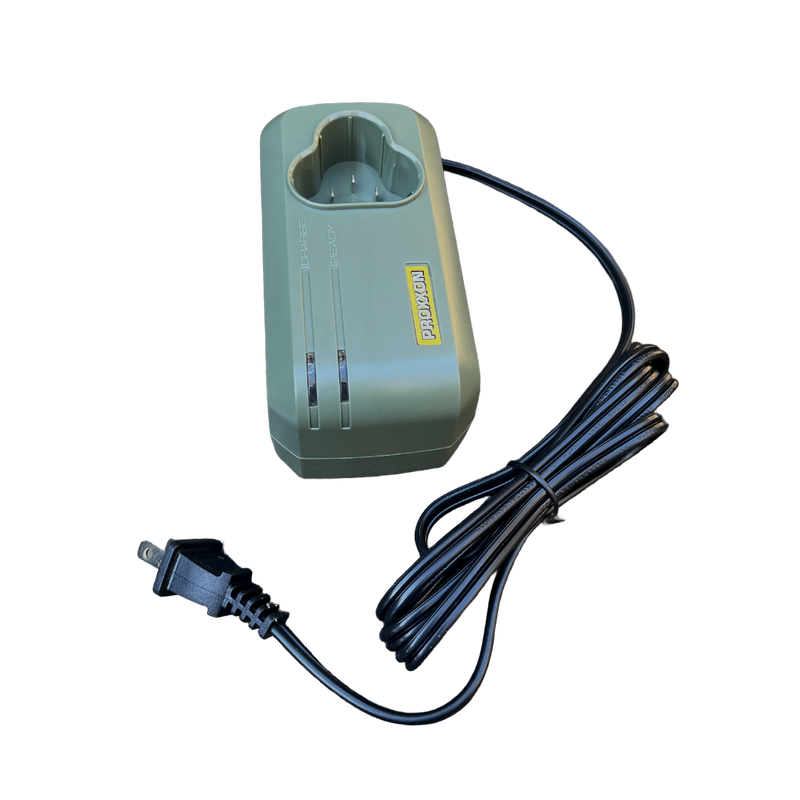 Green battery charger with power cord on a white background