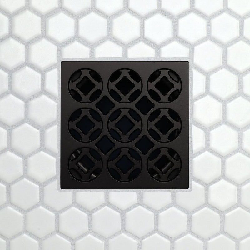 Square drain grate with 3x3 circular openings, matte black finish